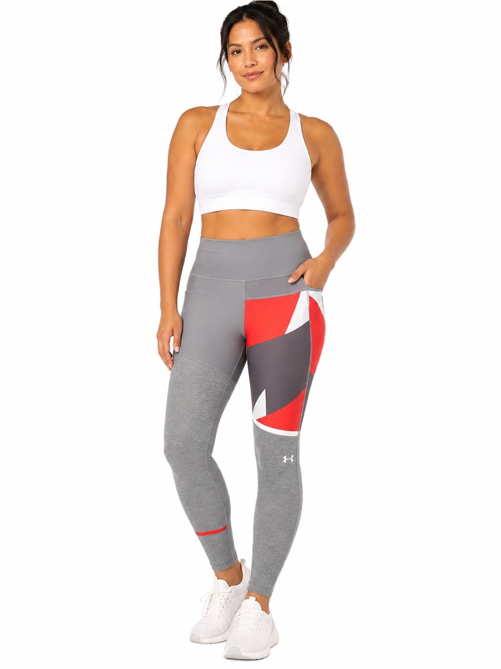 Under Armour Women’s LG Colorblock HeatGear Leggings Gray Red White Athletic